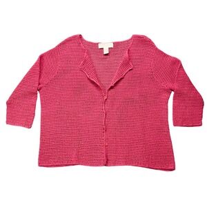 Y2K VTG Pink Crochet Knit Cardigan 1X Cottagecore Coastal Grandmother Barbiecore